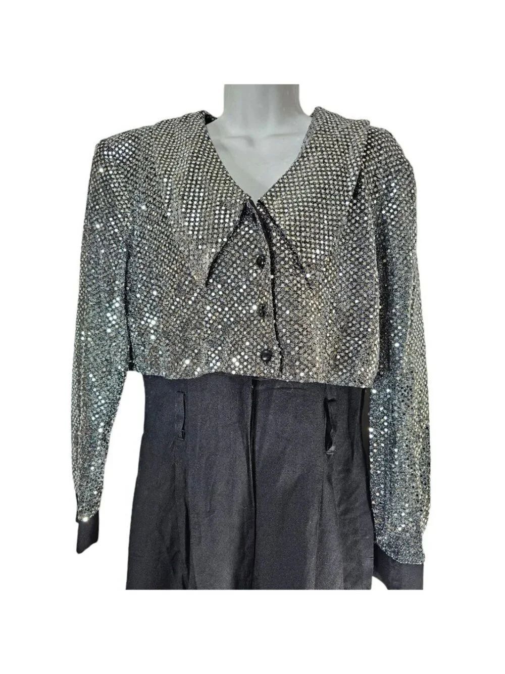 Vintage 80s Jumpsuit Womens Size Medium Black Silver Sequins Faux Tuxedo Rayon